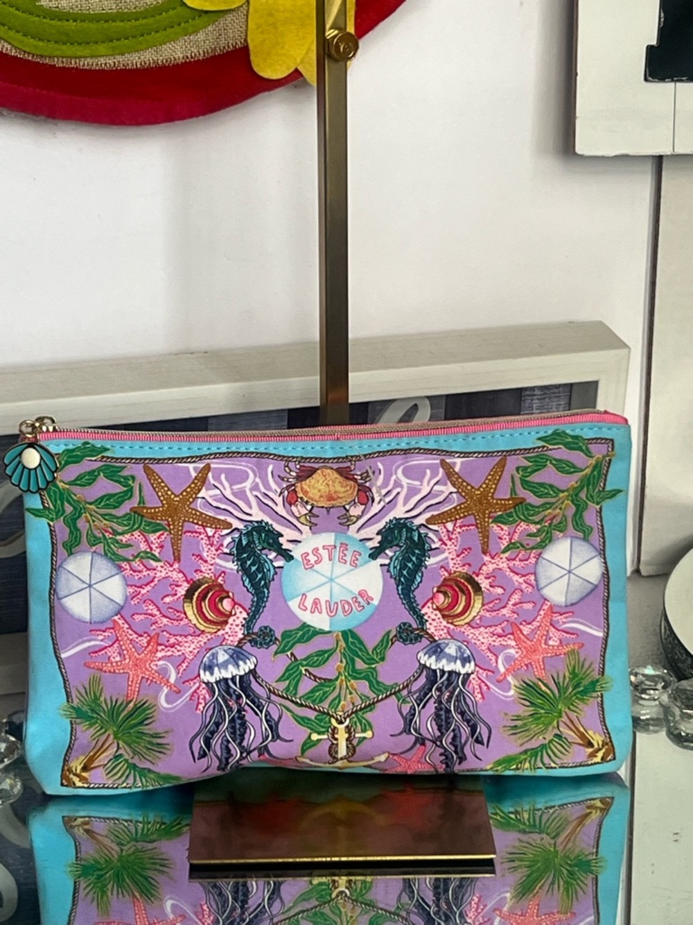 Estee Lauder Pink & Turquoise Sea Life canvas Cosmetic Pouch - Picture 4 of 8